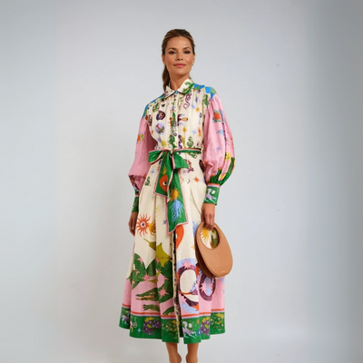 Dorthe | Colorful Print Belted Dress