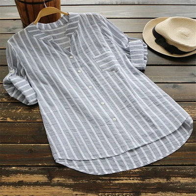 Mila - Cotton Linen Striped Long Sleeve Shirt
